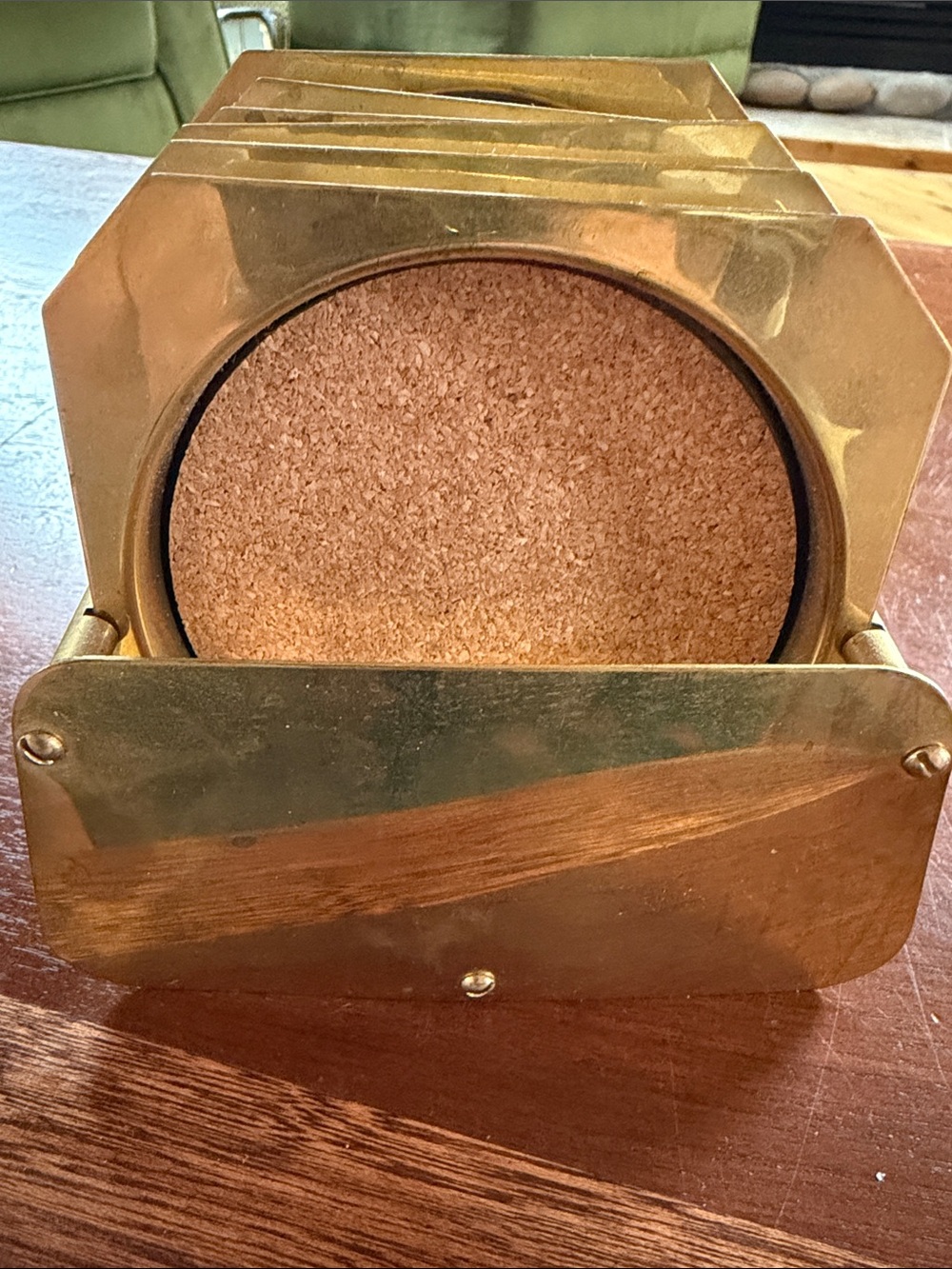 Vintage Brass and Cork Drink Coaster Set with Metal Brass tone Stand